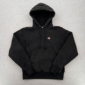 Champion Reverse Weave Hoodie Men Small Black Pullover Streetwear Faded Holes